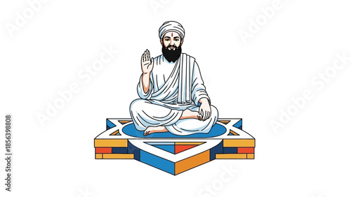 Guru Nanak Dev Ji sitting on a colorful star-shaped platform.