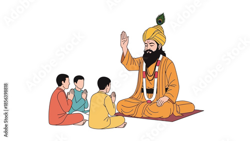 Guru Nanak Dev Ji teaching three young disciples.