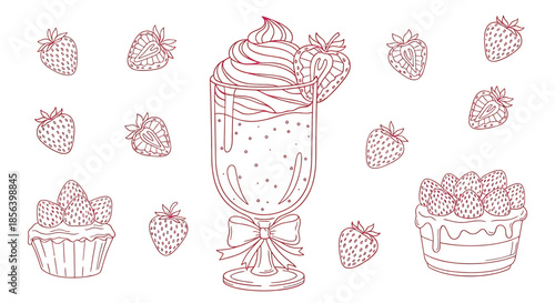 Whimsical Pink Strawberry Desserts and Milkshake - Sweet Confectionery Line Art Illustration