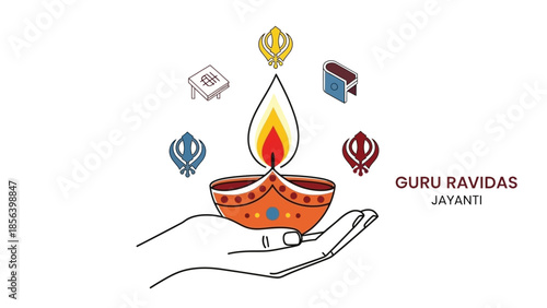 Guru Ravidas Jayanti celebration with a hand holding a lit diya and religious symbols.