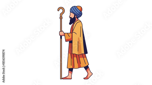 Bearded Man in Turban and Traditional Robes Walking with a Staff.