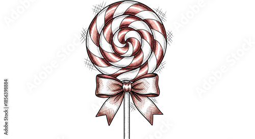 Detailed Red and White Swirl Lollipop with a Ribbon Bow - Whimsical Candy Illustration