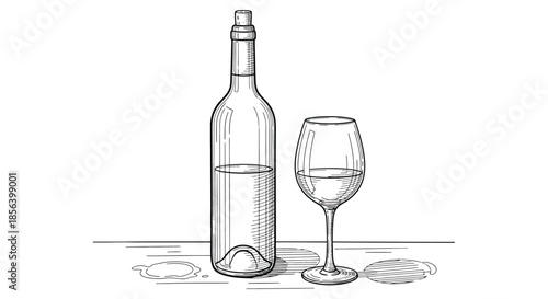 Detailed Monochrome Wine Bottle and Glass - Hand-Drawn Vineyard and Culinary Illustration