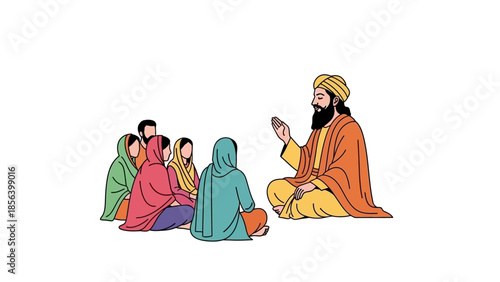 Guru talking to his followers sitting.