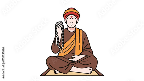 Buddhist monk with prayer beads sitting.