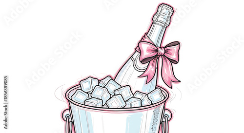 Elegant Champagne Bottle in Silver Ice Bucket with Pink Bow - Festive Celebration Illustration