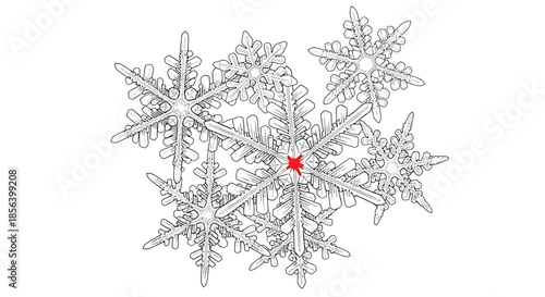 Detailed Monochrome Snowflake Cluster with Red Star Center - Festive Winter Crystal Illustration