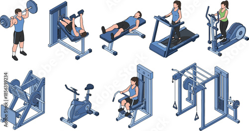 Gym equipment illustration, fitness machines, workout icons, exercise poses, training setup, health club gear, cartoon style, muscle activity reference