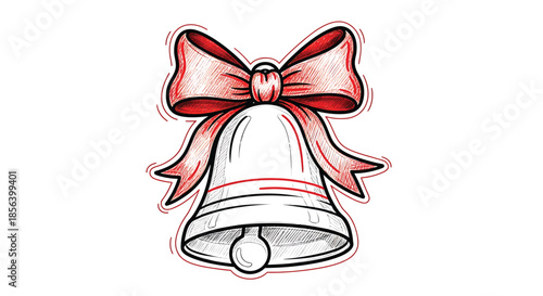 Detailed Hand-Drawn Silver Christmas Bell with Red Ribbon Bow - Festive Holiday Illustration
