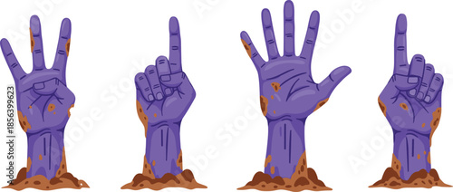 Purple zombie hands rising from ground illustration set, horror undead gestures collection, spooky Halloween apocalypse vector design for dark projects