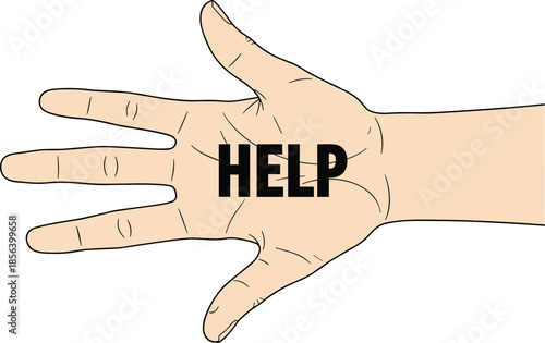 Help, hand, palm, silhouette, emergency, support, plea, distress, aid, black, white, vector, illustration, bold, message, symbol, awareness, gesture, cry, call