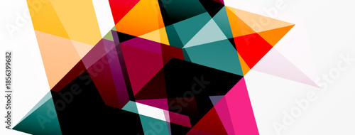 Abstract geometric shapes overlap, creating vibrant color contrasts. Composition feels dynamic, modern, energetic.