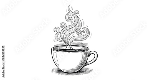 Detailed Hand-Drawn Steaming Coffee Cup - Whimsical Monochrome Cafe Illustration