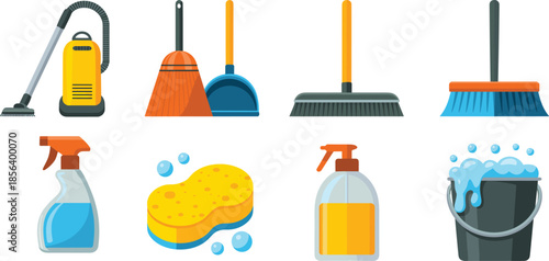 Cleaning service equipment icon set, featuring vacuum, broom, mop, spray bottle, sponge, and bucket, for domestic hygiene and professional housework design.