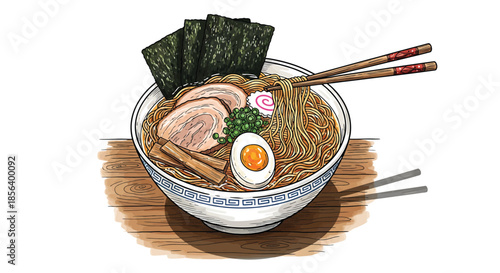 Detailed Hand-Drawn Japanese Ramen Bowl with Traditional Toppings and Chopsticks - Vibrant Culinary Illustration