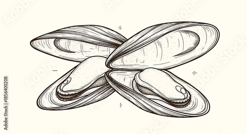 Detailed Hand-Drawn Mussels on the Half Shell - Scientific Botanical Seafood Illustration