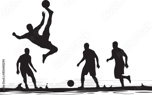 Dynamic Silhouette of Soccer Players on a Beach with One Player Executing a Bicycle Kick, Summer Sports Concept , Generative Ai