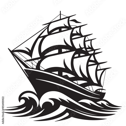 Vector illustration of a nautical sailing ship silhouette on ocean waves for a travel adventure logo or marine vessel symbol