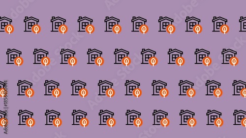 Seamless Pattern of House Icons with Location Pins.