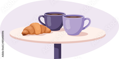 Urban local flavor coffee mugs and a shared croissant on a circular cafe table. Vector illustration