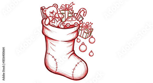 Whimsical Hand-Drawn Christmas Stocking Overlowing with Toys and Gifts - Festive Holiday Stocking Illustration