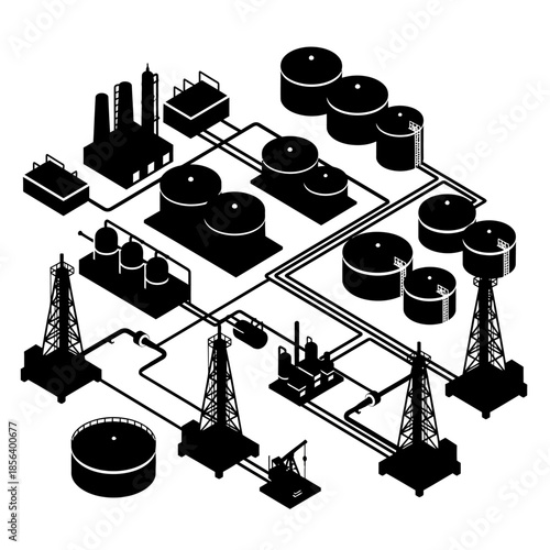 Oil refinery and petroleum industry infrastructure diagram.