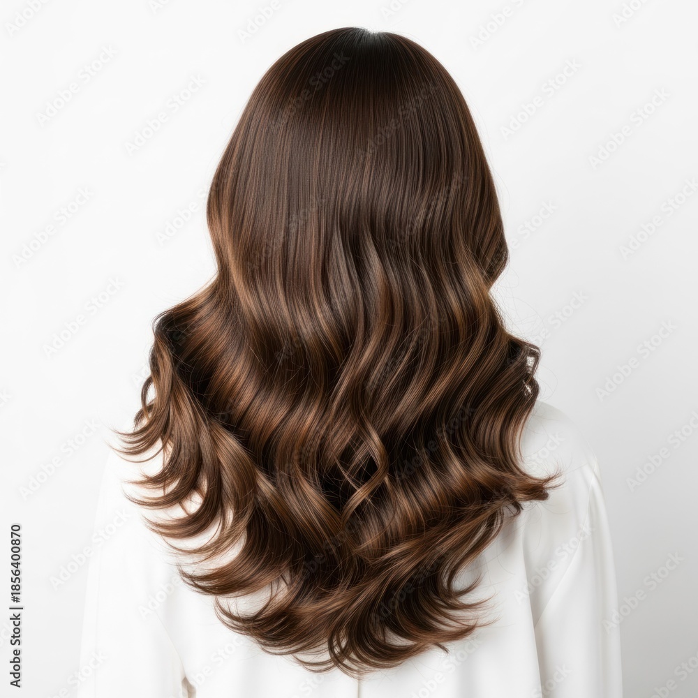 Obraz premium Rear view of wavy brown hair, cascading down the back, against a white backdrop