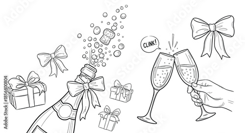 Festive New Year Celebration Illustration with Popping Champagne Bottle, Clinking Glasses, and Gifts