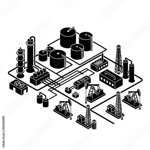 Isometric illustration of an oil refinery complex with various industrial components.