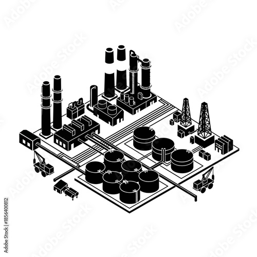 Isometric black and white illustration of a large industrial oil refinery or chemical plant with storage tanks, pipelines, and factory buildings.