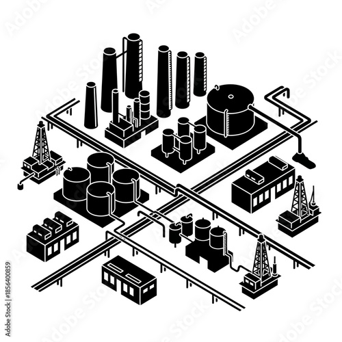 Isometric black and white illustration of an extensive oil and gas industrial complex with refineries, storage tanks, pipelines, and offshore drilling platforms.