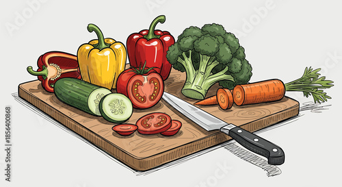 Gourmet Chopped Vegetables on a Wooden Cutting Board with Chef's Knife - Detailed Culinary Illustration