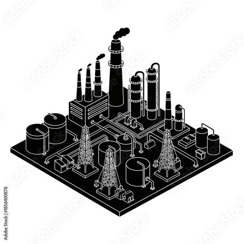 Isometric black and white illustration of an industrial oil refinery or chemical plant with smokestacks, storage tanks, and processing units.
