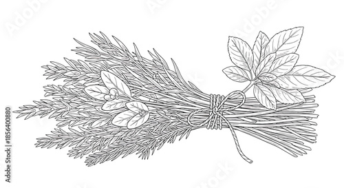 Artisan Hand-Drawn Herb Bundle with Rosemary, Thyme, and Sage - Detailed Culinary Line Art