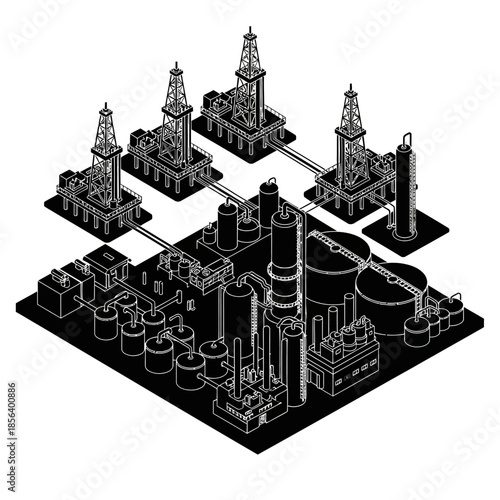 Isometric illustration of an industrial oil refinery complex.