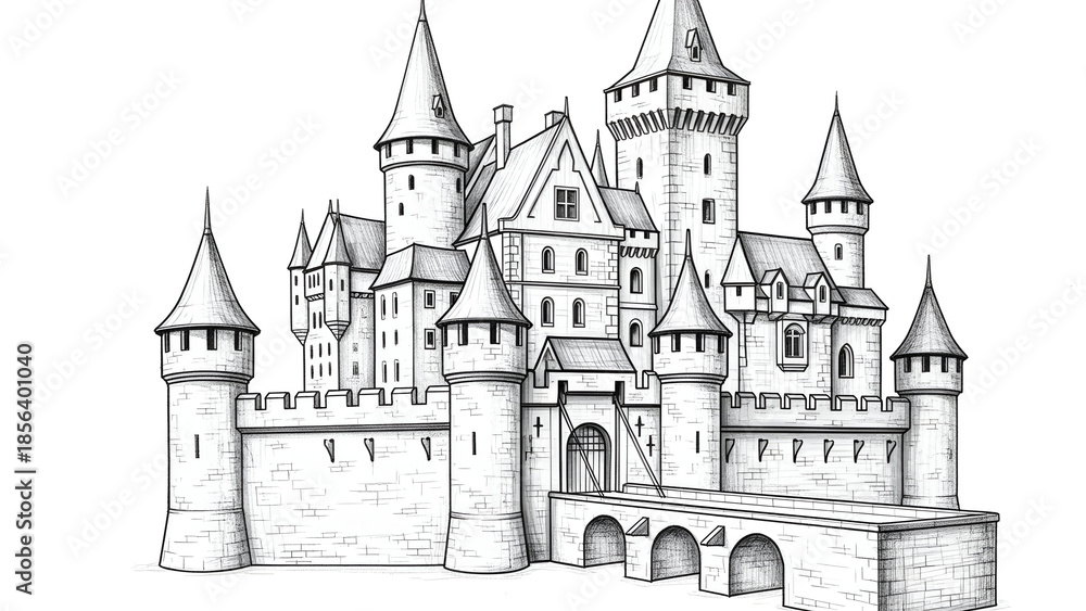 Obraz premium Whimsical Medieval Castle with Turrets and Drawbridge
