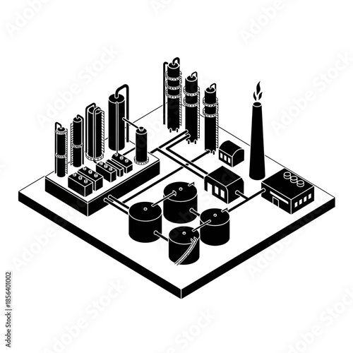 Isometric black and white illustration of an industrial chemical plant or oil refinery with tanks and processing units.
