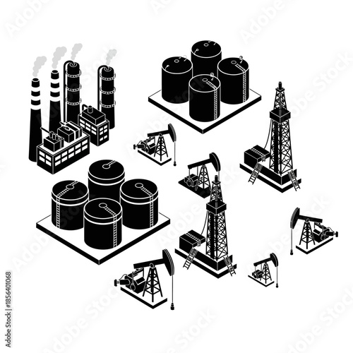 Isometric black and white illustration of oil refinery, storage tanks, drilling rigs, and pumpjacks representing the petroleum industry.