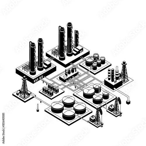 Isometric black and white illustration of an oil refinery or chemical plant with storage tanks and processing units.