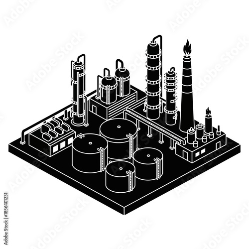 Isometric black and white illustration of an industrial oil refinery or chemical plant with tanks and towers.