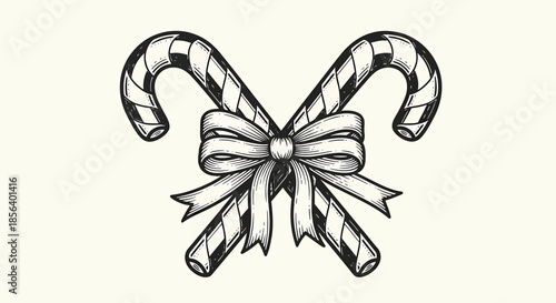 Vintage Crossed Candy Canes with Ribbon Bow - Detailed Hand-Drawn Christmas Holiday Line Art Illustration
