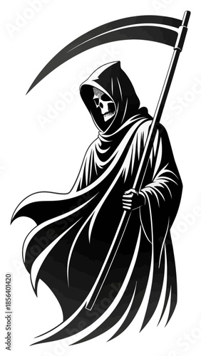 grim reaper with scythe black and white vector illustration 