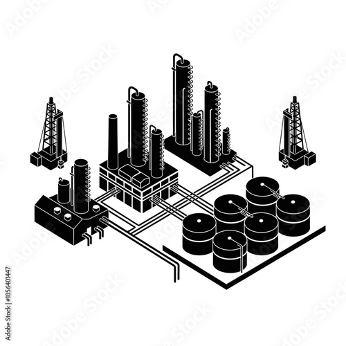 Isometric black and white illustration of an oil refinery or chemical plant with distillation columns, storage tanks, and drilling rigs connected by pipelines.