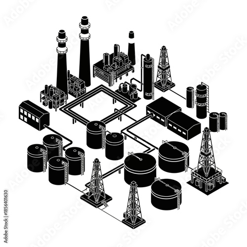 Isometric black and white illustration of an industrial oil refinery or chemical plant complex with tanks, pipes, and processing units.