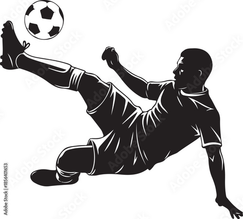 Artistic Black and White Illustration of a Soccer Player Executing a Bicycle Kick with a Football , Generative Ai
