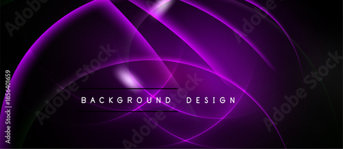 Abstract purple design features flowing lines, curves. Dark background enhances vibrant color gradients, modern aesthetic. Text reads background design.