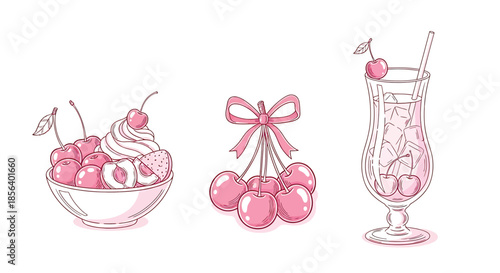 Pink Cherry Dessert Set Illustration - Hand-Drawn Collection Featuring Cherry Sundae, Tied Cherries, and Iced Cocktail