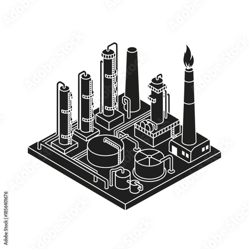 Isometric black and white illustration of an industrial oil refinery or chemical plant with various towers, tanks, and a prominent flare stack.