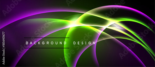 Abstract vibrant design features flowing curves, purple, green hues. Dynamic light effects create modern visual impact.