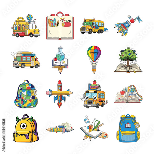 Collection of school supplies and transportation icons